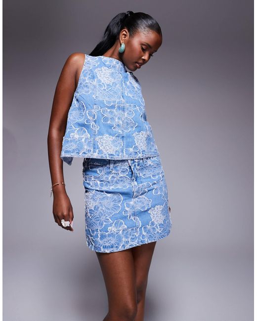 River Island Blue Floral Denim Mini Skirt Co-Ord