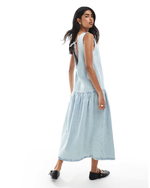 ASOS Blue Denim Sleeveless Midi Dress With Drop Waist