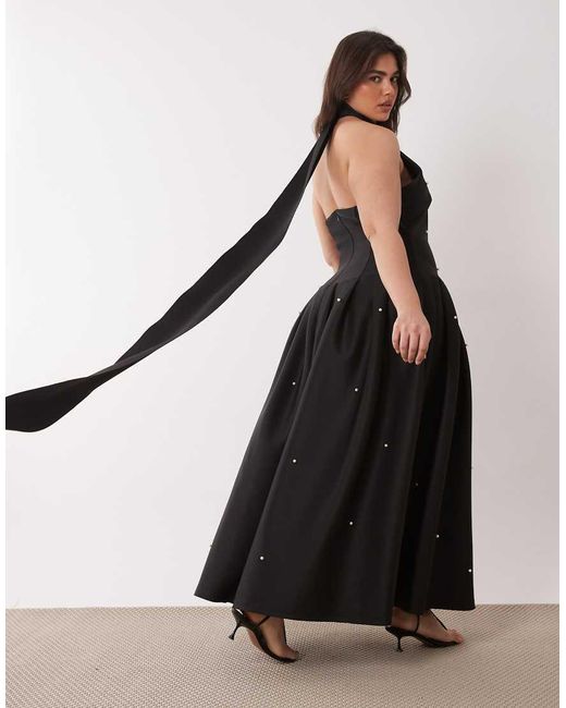 ASOS Black Asos Design Curve Premium Faux Pearl Embellished Maxi Dress With Scarf Detail