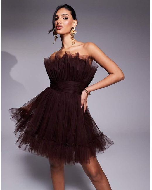 LACE & BEADS Brown Bandeau Structured Tulle Mini Dress