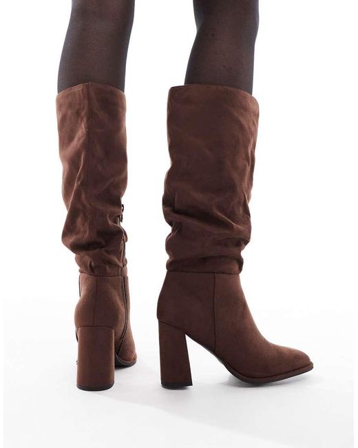 London Rebel Brown Maggie Slouchy Block Heel Boots