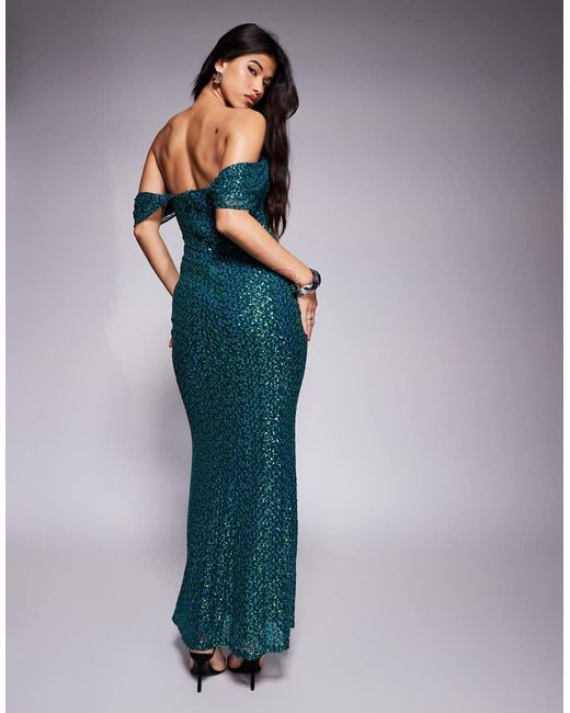Goddiva Blue Off The Shoulder Sequin Wing Maxi
