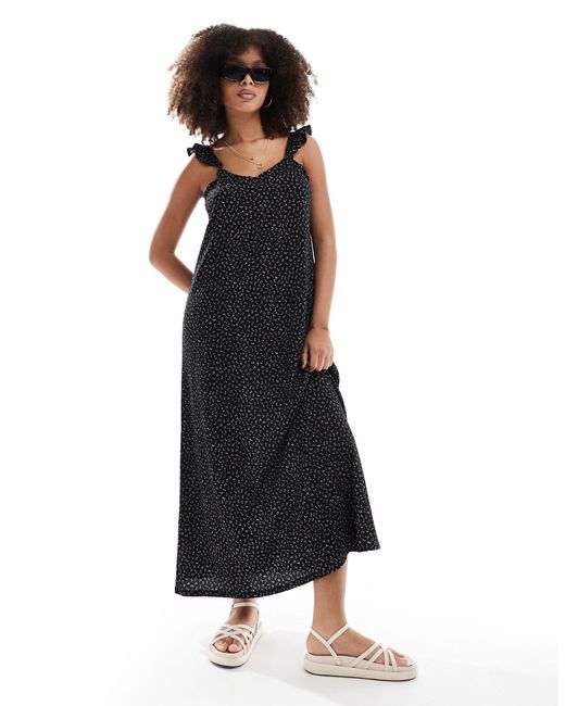 Pieces Black Textured Jersey Frill Sleeve Cami Maxi Dress