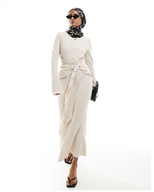 DASKA White Long Sleeve Maxi Dress With Fluted Hem And Belt Detail