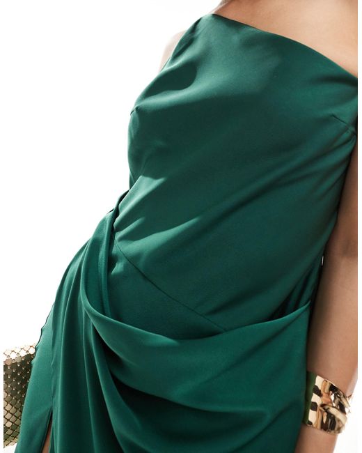 ASOS Green Satin One Shoulder Draped Maxi Dress With Thigh Split