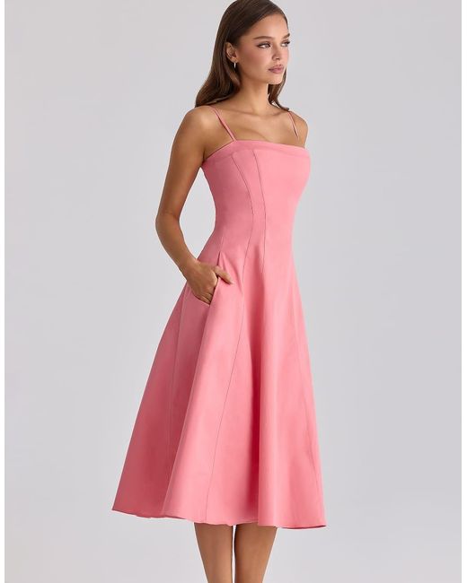 House Of Cb Pink Dolly Raspberry Cotton Flared Midi Sundress