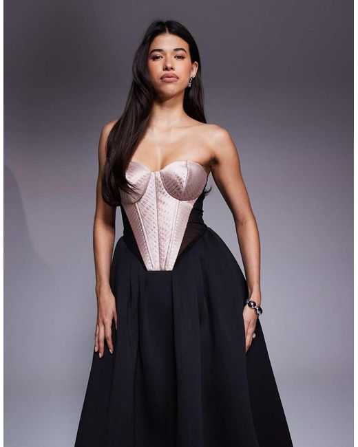 Vestido Largo Con Escote Palabra De Honor, Cuerpo Estilo Corsé Y Falda De Corte Amplio De Satén Premium De ASOS de color Blue