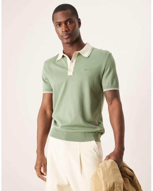 Gant Gebreide Polo Met Logo, Korte Mouwen En Gekleurd Randje in het Green voor heren