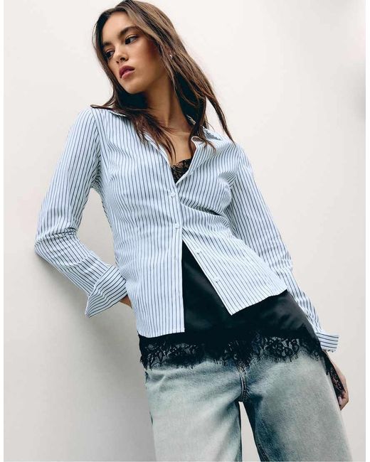 Stradivarius White Basic Striped Fitted Shirt