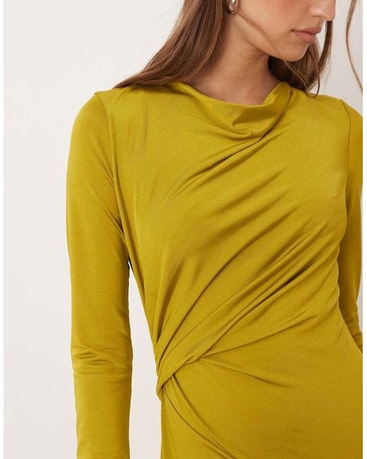 ASOS Yellow Long Sleeve Ruched Knot Detail Maxi Dress