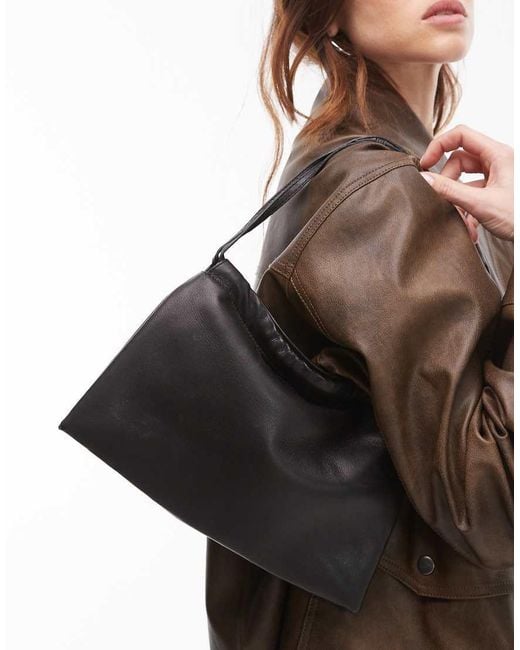 Mango Black Leather Ruched Top Shoulder Bag