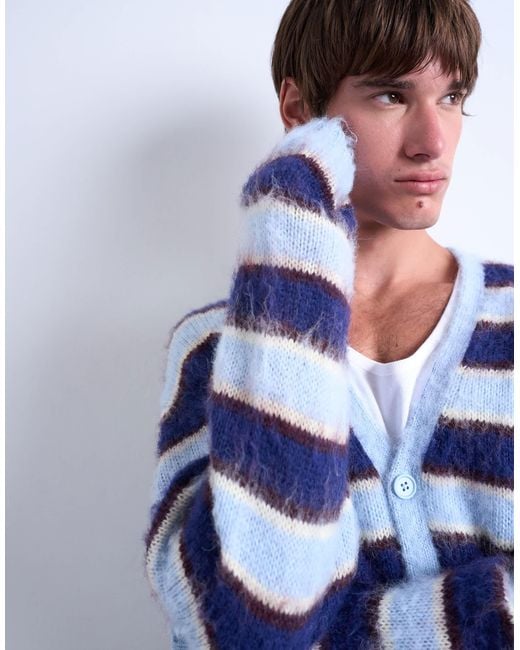 Topman Blue Oversized Fit Fluffy Knitted Stripe Cardigan for men