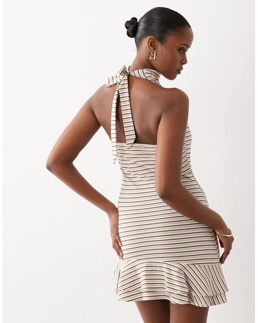 The Frolic Brown Exclusive Cotton Rich Halterneck Cowl Neck Ruffle Hem Mini Dress