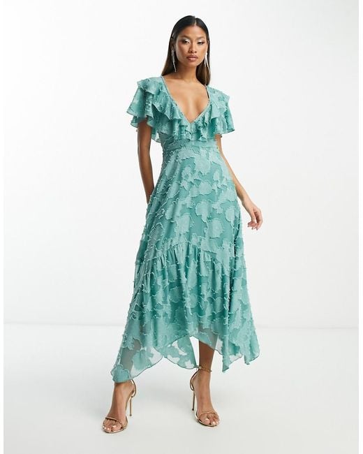 ASOS Blue V-front V-back Ruffle Midi Dress With Flutter Sleeves And Tie Back