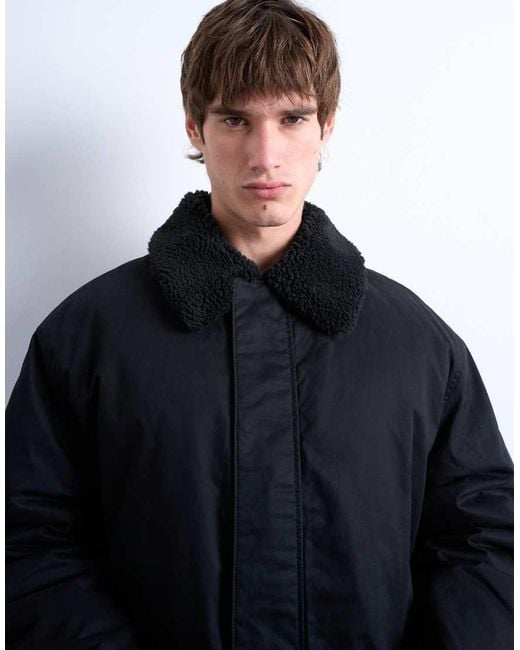 Topman Blue Padded Coach Jacket With Borg Collar for men