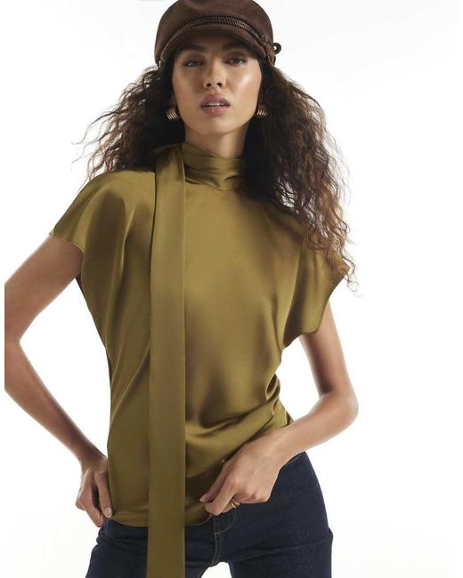 River Island Green Satin Tie Neck Sleeveless Blouse