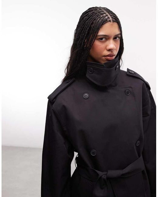 Weekday Black Oversized Short Trench Coat With Funnel Collar