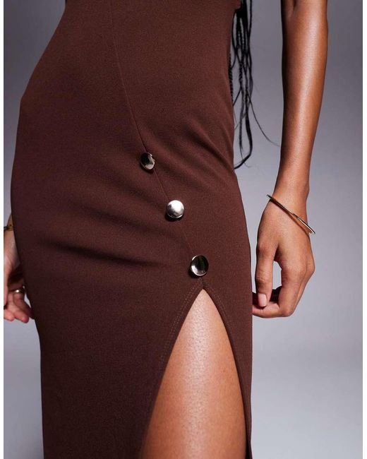Vestido De Tubo Largo De Manga 3/4 Con Cuello Alto, Abertura Y Detalle De Botones Grandes Dorados De ASOS de color Purple