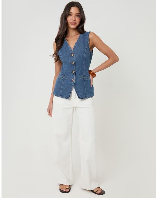 Threadbare Blue Denim Longline V-Neck Waistcoat