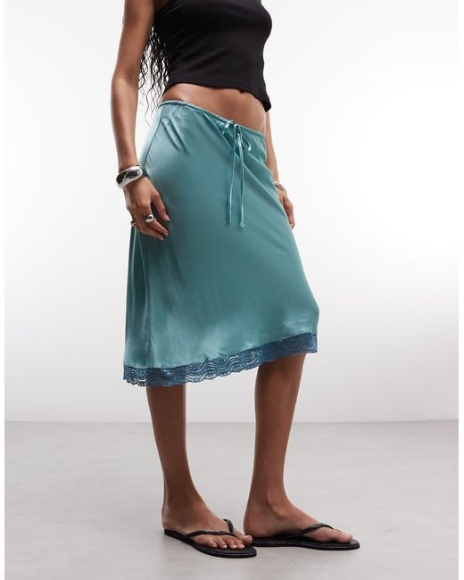 Reclaimed Vintage Blue Awkward Length Satin Midi Skirt With Lace Trim