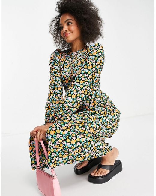 Barmhartig Schat Blind ASOS Midi-jurk Met Open Achterkant, Lange Mouwen En Felgekleurde  Bloemenprint in het Groen | Lyst NL