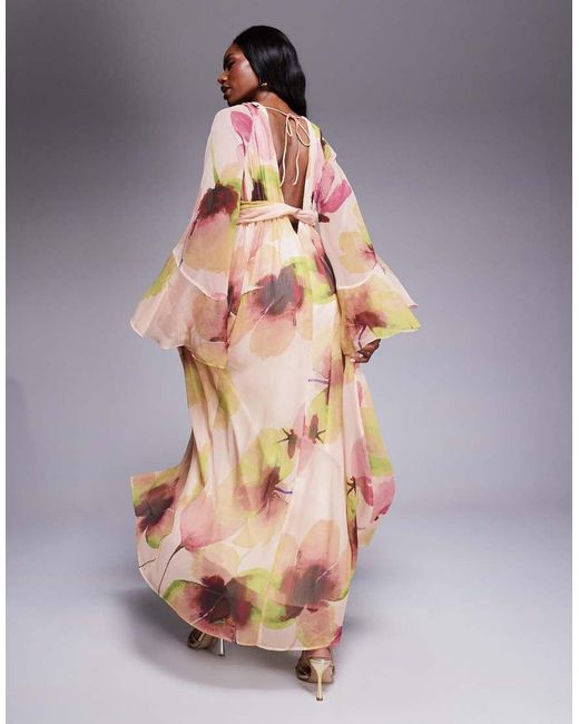 ASOS Multicolor Fluted Sleeve Twist Front Maxi With Plunge Neckline