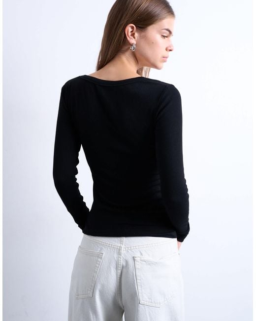 TOPSHOP Black Premium Rib Long Sleeve Wide Scoop Neck Top