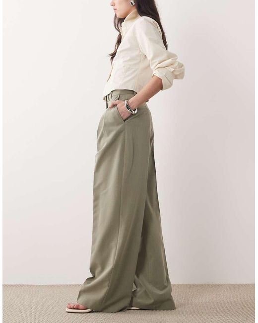 ASOS Natural Tailored Wide Leg Pants With Pleat Detail