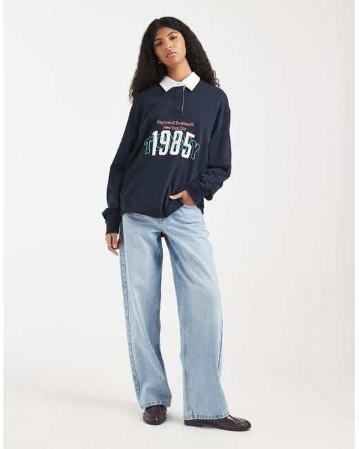 Tommy Hilfiger Blue Oversized Varsity Logo Rugby Top
