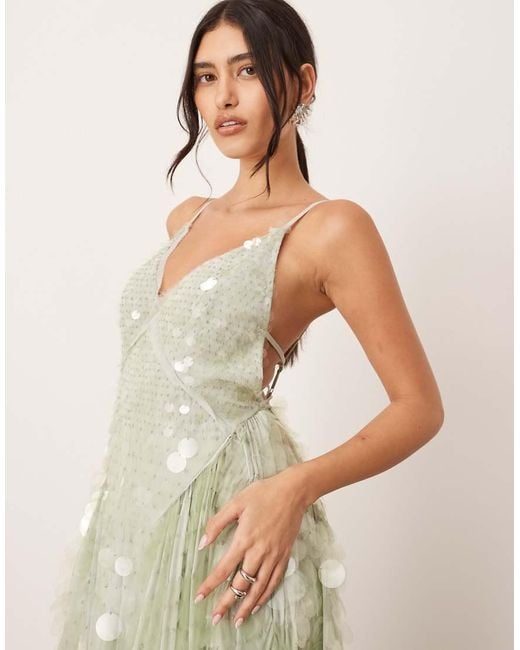 Vestito Midi Con Spalline Sottili E Gonna A Ruota Schiuma Marina Decorato Con Paillettes di ARRANGE in Natural