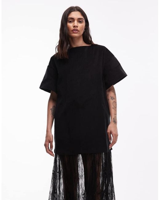 ASOS Black Cord T-shirt Hybrid Maxi Dress With Lace Skirt