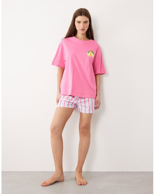 ASOS Pink – pyjama mit oversize-t-shirt mit limonadengrafik und shorts