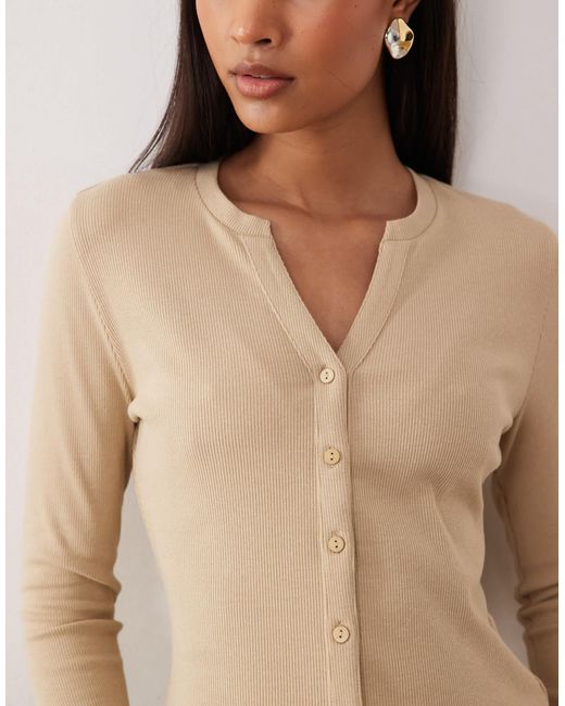 Threadbare Natural Long Sleeve Button Through Ribbed Top