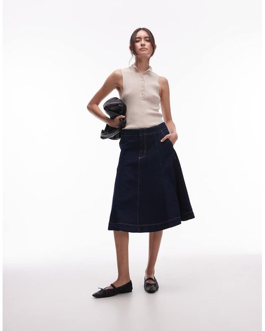 Falda Vaquera Midi Con Pliegues De Mango de color Blue