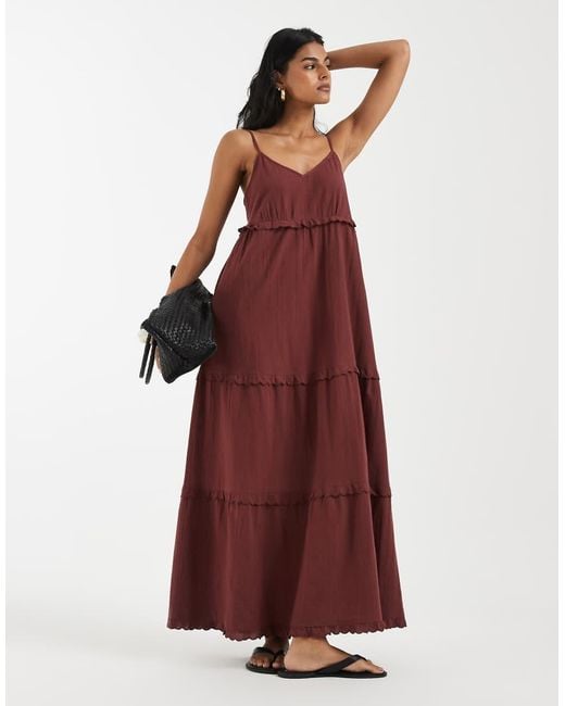Vero Moda Red Cotton Cami Tie Maxi Dress With Scallop Edge Detail