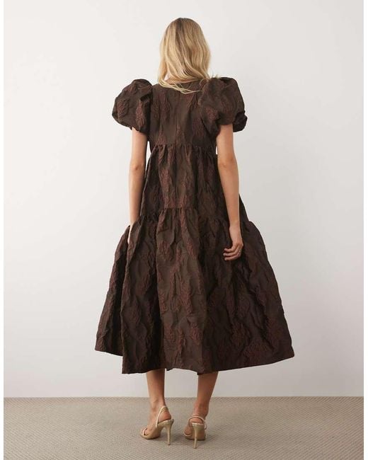 Sister Jane Brown Harmonia Exclusive Jacquard Puff Sleeve Midi Dress