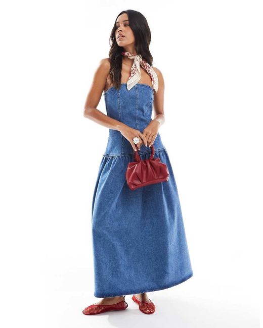 sachin and babi light blue dress ASOS DESIGN cinch waist bandeau denim midi dress with dropped waist in mid  blue main image 0