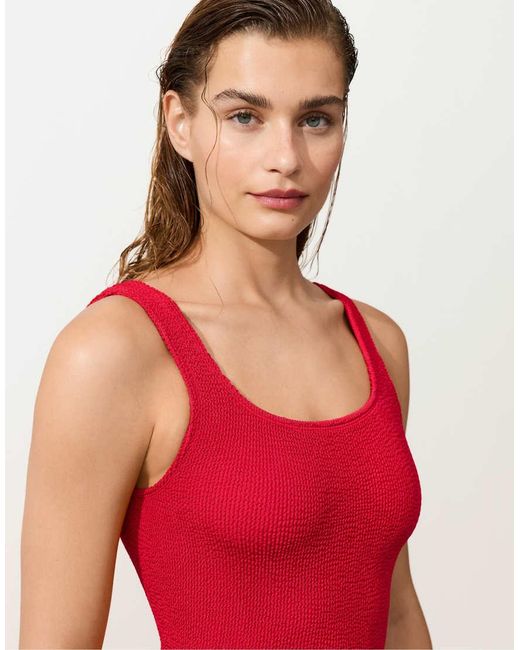 Oysho Red Crinkle Round Neck Swimsuit