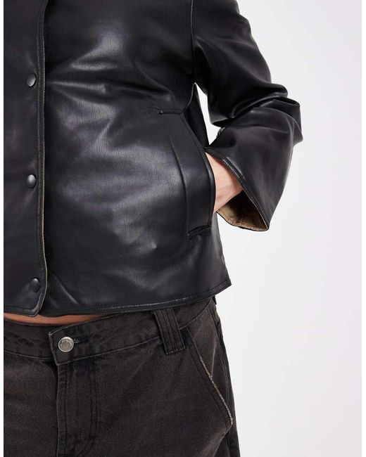 Vero Moda Black Collarless Faux Leather Short Jacket With Quilted Lining