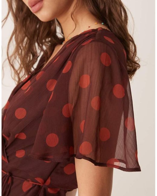 ASOS Brown Angel Sleeve Wrap Front Midi Dress With Seaming Details