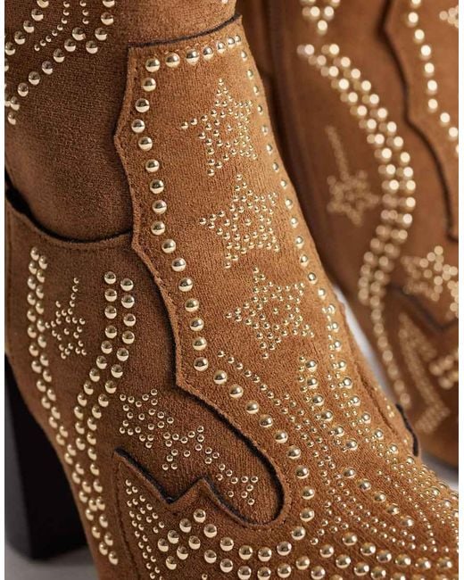 SEQWL Brown Embelished Western Knee Boots