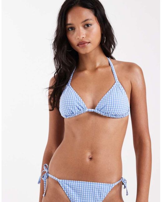 New Look Blue Gingham Triangle Bikini Top