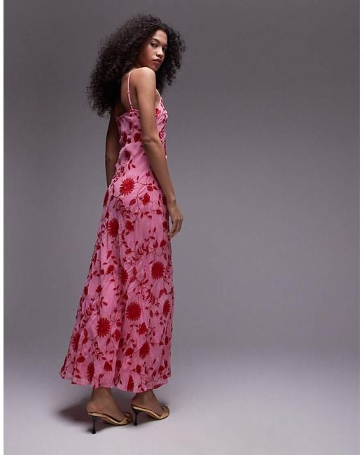 TOPSHOP Floral Embroidery Maxi Slip Dress in Red