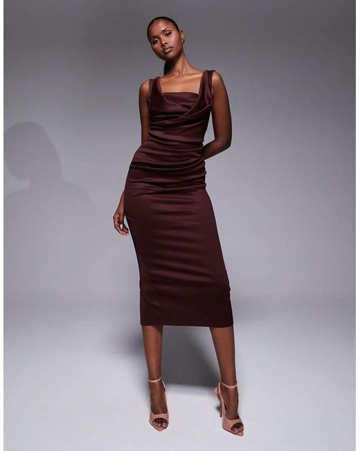 ASOS Purple Square Neck Pleat Bust Midi Pencil Dress