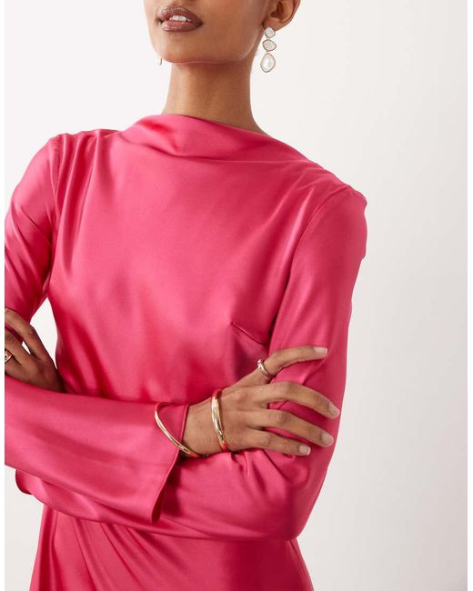 DASKA Pink Satin Bias Long Sleeve Seam Detail Maxi Dress