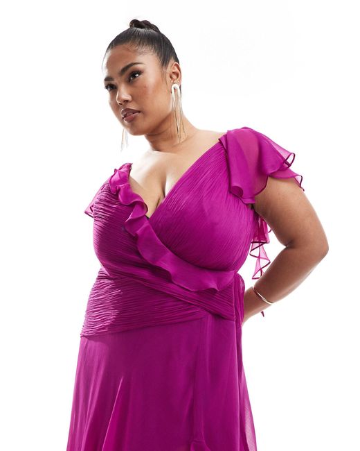 ASOS Pink Asos Design Curve Wrap Front Ruffle Maxi Dress With High Split Detail