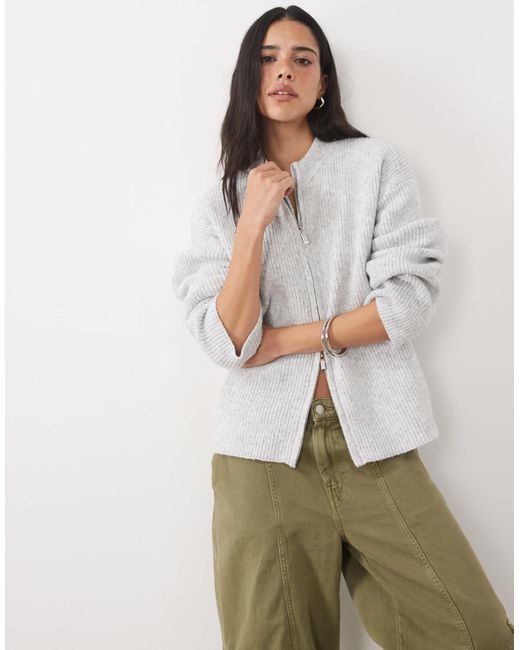 4th & Reckless Gray High Neck Double Zip Knitted Rib Jacket