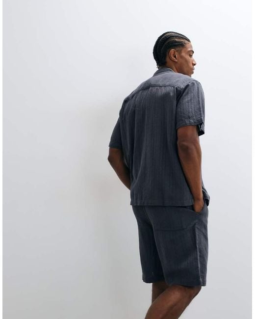 Only & Sons Blue Linen Blend Textured Short Sleeve Shirt for men