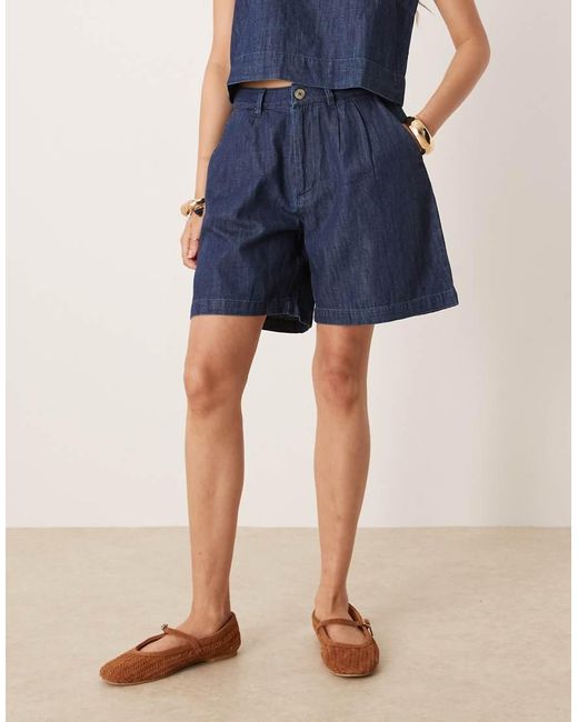 Mango Blue Cotton Tailored Longline Denim Short Co-ord With Dart Detailing