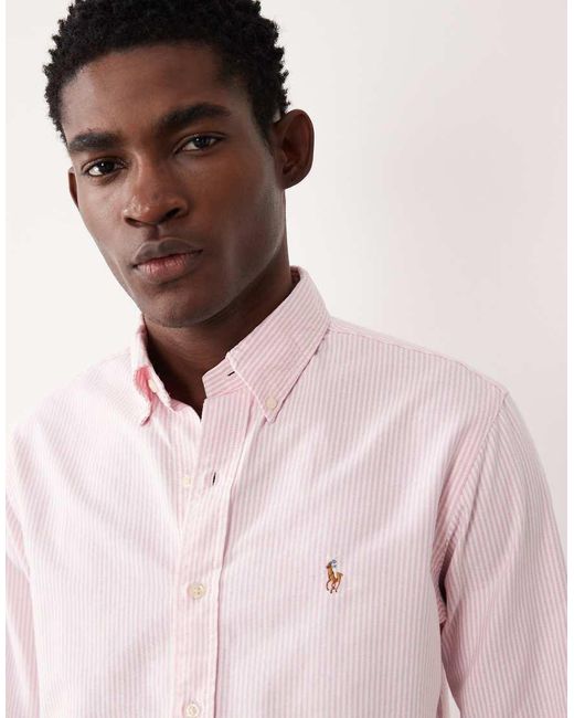 Polo Ralph Lauren Pink Icon Logo Custom Fit Long Sleeve Striped Shirt for men